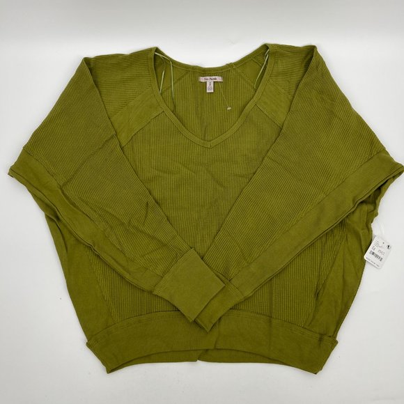 Free People Women's Santa Clara V-Neck Pullover Thermal Top Green Medium NWT - Picture 4 of 6
